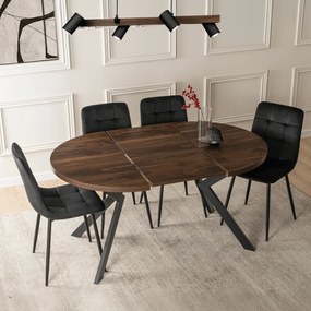 Zestaw Stół Okrągły Rozkładany LUKAS 100-250 cm Orzech/Czarny i 4 Krzesła Tapicerowane PERU Czarne Welurowe