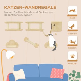 PawHut 5-częściowy zestaw wspinaczkowy dla kota z drapakiem, platformami do skoków, drabinką, domkiem, montowany na ścianie, Beżowy