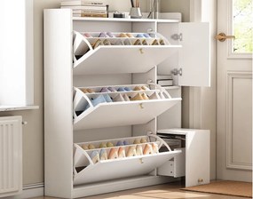 Wielofunkcyjny mebel na buty 119x24x122cm - z 3 składanymi szufladami - z składanym ławą - z drzwiami - biały