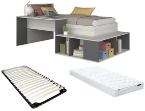 Łóżko wielofunkcyjne 90 × 200 cm z ze skrzynią  i biurkiem – naturalne i antracytowe + stelaż + materac – RIGALI