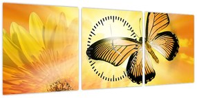 Obraz - Żółty motyl z kwiatkiem (z zegarem) (90x30 cm)