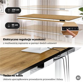 Biurko elektryczne sit-stand z szufladą i ładowarką bezprzewodową Qi białe/złoty dąb, 1400 mm: ELLIS