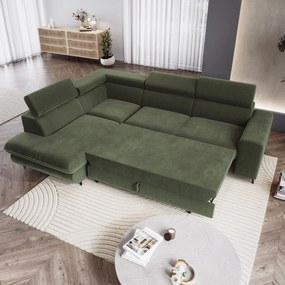 Masseno Narożnik VELISS z funkcją spania i pojemnikiem na pościel Narozniki L, Rozkładana sofa - Oliwkowy, CASTEL 39