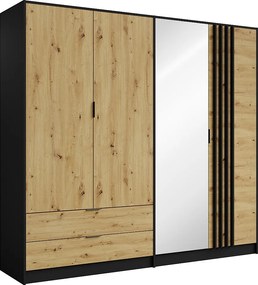 Szafa 4-drzwiowa z 2 szufladami - Z lustrem - szer. 220 cm - Czarny i naturalny - TUNALO