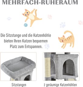 PawHut Drapak dla kota z sizalowymi słupkami Jasnoszary Stabilne drzewko do zabawy i wypoczynku | Aosom PL