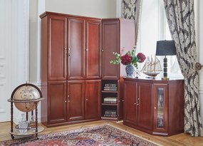 Szafa narożna gabinetowa Diamante. W dolnej części znajdują się półki, w górnej części można zamontować półki lub drążek. Szafa fornirowana klasyczna biurowa idealna do kancelarii lub biura.