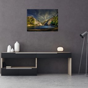 Obraz na szkle - krajobraz z jeziorem (70x50 cm)