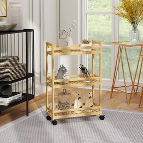 HOMCOM Wózek Serwisowy, 3 Poziomy, Półki Listwowe, Zabezpieczenie przed Wypadaniem, Bambus, 55 x 20 x 75 cm