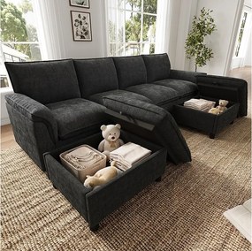 Narożnik z 2 modułowymi pufami ze schowkiem – Chenille – 264,5 x 142,5 x 84 cm – Beżowy