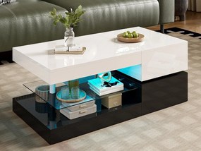 Stolik kawowy wysokiego połysku 90×45×35,5 cm - z oświetleniem LED - półka szklana - płyta wiórowa - biały + czarny