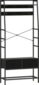 HOMCOM Stojak garderobiany z półką na buty w stylu industrialnym, 2 szuflady z materiału, 8 haczyków, metalowa rama, Czarny