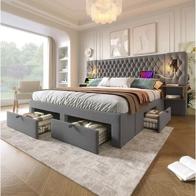 Łóżko tapicerowane dwuosobowe - 180 x 200 cm - z 2 szafkami nocnymi + 4 szufladami + lampką nad wezgłowiem - aksamitne - szare