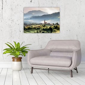 Obraz na szkle - wieś we mgle (70x50 cm)