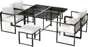 Zestaw jadalniany ogrodowy na 6 osób, stół ze szkła hartowanego, konstrukcja z żelaza ocynkowanego, 4 krzesła, 2 taborety, 1 stół, Czarny