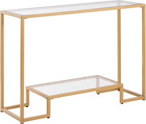 Stolik Konsolowy SucceBuy z 2 Poziomami, Stolik do Kanapy z Blatem ze Szkła Hartowanego, Żelaznymi Nogami i Zabezpieczeniem Przed Przewróceniem, Złoty
