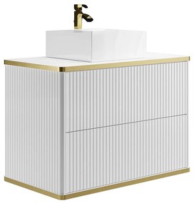 Szafka łazienkowa wisząca  ryflowana ze złotą listwą z umywalką nablatową - Biały - 80 cm - KELIZA