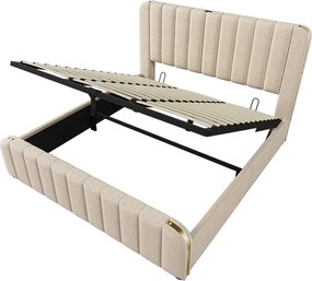 Łóżko tapicerowane dwuosobowe ze schowkiem - 180 x 200 cm - z zagłówkiem + portem USB + hydraulicznym schowkiem - len - beż