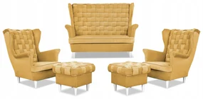 Zestaw wypoczynkowy Carol sofa fotele pufy paski Family Meble żółty miodowy