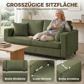 HOMCOM Sofa dwuosobowa ze sztruksu z szerokim głębokim siedziskiem i wkładem sprężynowym, zielona | Aosom PL