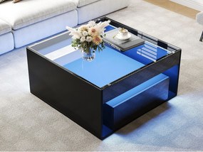 Błyszczący stolik kawowy 70x70x35 cm - Z oświetleniem LED - 1 szuflada - Otwarta półka - Blat hartowanego szkła - MDF - Czarny