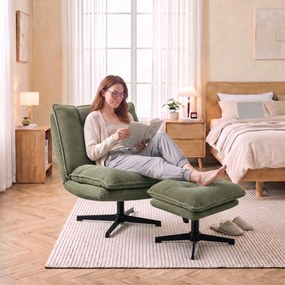 HOMCOM Fotel lounge z podnóżkiem, 360° obrotowy, tapicerka cord, regulowany podnóżek, Grün | Aosom PL