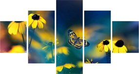 Obraz - Żółty motyl z kwiatami (125x70 cm)