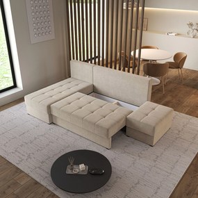 Masseno Narożnik NORVI z funkcją spania i pojemnikiem na pościel Narozniki L, Rozkładana sofa - Beżowy, PAROS 02