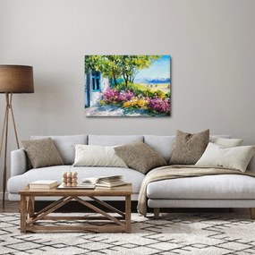 Obraz ogrodu przed domem, obraz olejny (70x50 cm)