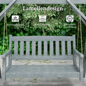 Outsunny 2-osobowa huśtawka ogrodowa z drewna, ławka bujana z półkami, uchwytami na napoje i łańcuchami, szara | Aosom PL