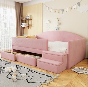 Sofa rozkładana dla dzieci - 90 x 190 cm - z 2 szufladami + barierkami + schodkami - welurowa - różowa