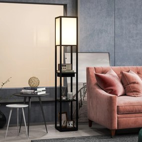 HOMCOM Lampa Stojąca z 3-Poziomową Półką, Przełącznikiem Nożnym, Portami USB, MDF, Czarny