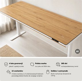 Biurko elektryczne sit-stand z szufladą i ładowarką bezprzewodową Qi białe/złoty dąb, 1600 mm: ELLIS