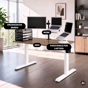 Biurko elektryczne z regulacją wysokości ergonomiczne białe/orzech,1200x600 mm: ARIA