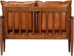 Sofa 2-osobowy z prawdziwej brązowej skóry z konstrukcją z drewna akacjowego w wykończeniu miodowym – Komfort i vintage'owy urok