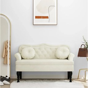 Ławka z Eleganckimi Poduszkami z Kremowego Weluru 120,5x65x75 cm Lite Drewno Hevea Pikowane Antyczne Wzornictwo