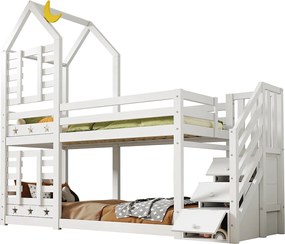 Łóżko piętrowe 90x200 cm - z barierką i schowkiem - białe - bez materaca