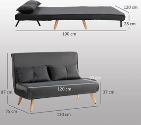 HOMCOM Dwuosobowe sofa do spania, kanapa, która przekształca się w łóżko, regulowane oparcie, pokrycie materiałowe, metalowa rama, szary