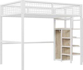 Łóżko mezzanine dla dzieci 140x200 cm z metalową konstrukcją - z drabiną do przechowywania i szafą - Białe