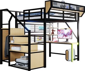 Łóżko piętrowe metalowe - 140 x 200 cm - z biurkiem + półką i siatką na rzeczy + drabinką + diodami LED + gniazdkiem elektrycznym - czarne