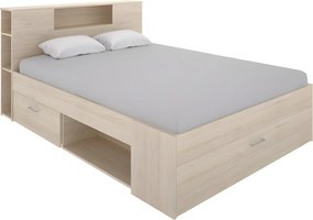 Łóżko ze skrzynią i szufladami - 160 x 200 cm - Kolory: naturalny + Stelaż + materac - LEANDRE