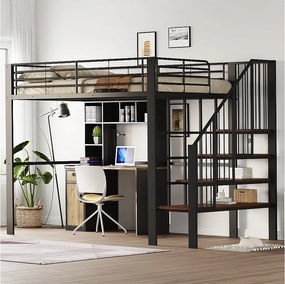 Łóżko piętrowe 140 x 200 cm z dużymi schodami – metal + sklejka + płyta MDF – stelaż z listew – czarne