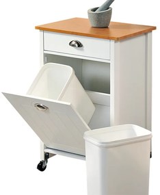 Drewniany barek na kółkach z koszem do segregacji śmieci