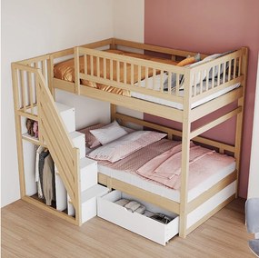 Łóżko piętrowe dla dzieci - 2 x 90 x 200 cm - z 1 szufladą + schowkiem schodowym - drewno + MDF - jasny naturalny