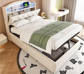 Łóżko dziecięce 90x200cm - Welur - z LED - z USB - beżowe (materac nie jest w zestawie)