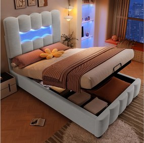 Łóżko z pojemnikiem 90x200 cm z oświetleniem LED i regulowanym zagłówkiem, welur szary - bez materaca