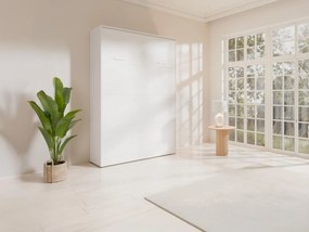 Łóżko chowane w ścianie 160 x 200 cm - Otwieranie pionowe ręczne - Białe + Materac - BEGANIO