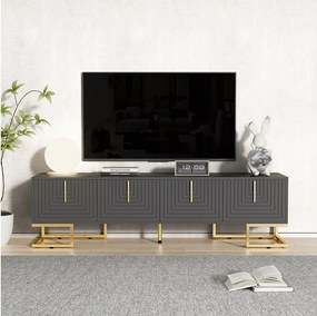 Szaro-czarna szafka RTV - Szafka RTV do salonu z 4 teksturowanymi drzwiami - Złote uchwyty i Nóżki