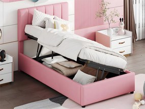 Łóżko z tapicerowanym zagłówkiem z lnu - 90x200cm - Różowe