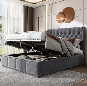 Łóżko tapicerowane z hydraulicznym schowkiem - 140 x 190 cm - z zagłówkiem - welur - szare