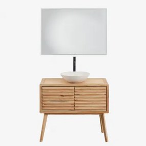 Zestaw Mebli Łazienkowych Z Drewna Deleyna Naturalna & Cement Okrągły Biały Ø40 Cm Zavion & Prostokątna Lampa Led - Sklum